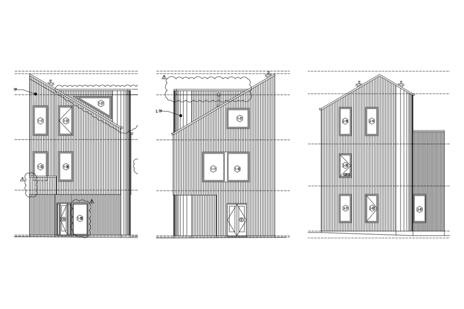 Architect’s elevations of the three Semaphore Houses, with vertical siding and angled rooflines