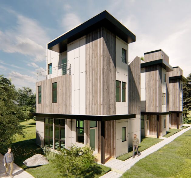Rendering of modern three-story townhomes with wood and panel siding